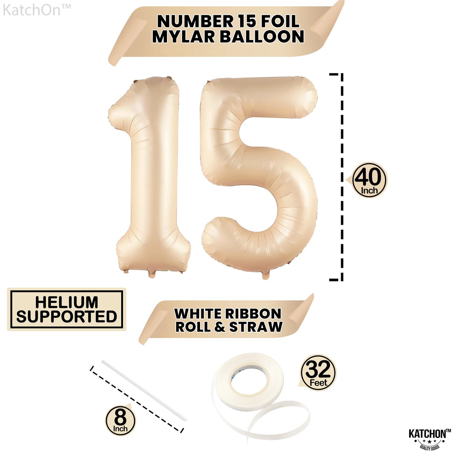 Katchon, Gaint Caramel 15 Balloon Number - 40 Inch | 15 Birthday Balloon Decor | 15Th Birthday Decorations For Party | Creme Number 15 Balloon | 15 Year Old Balloon For 15Th Birthday Party Supplies