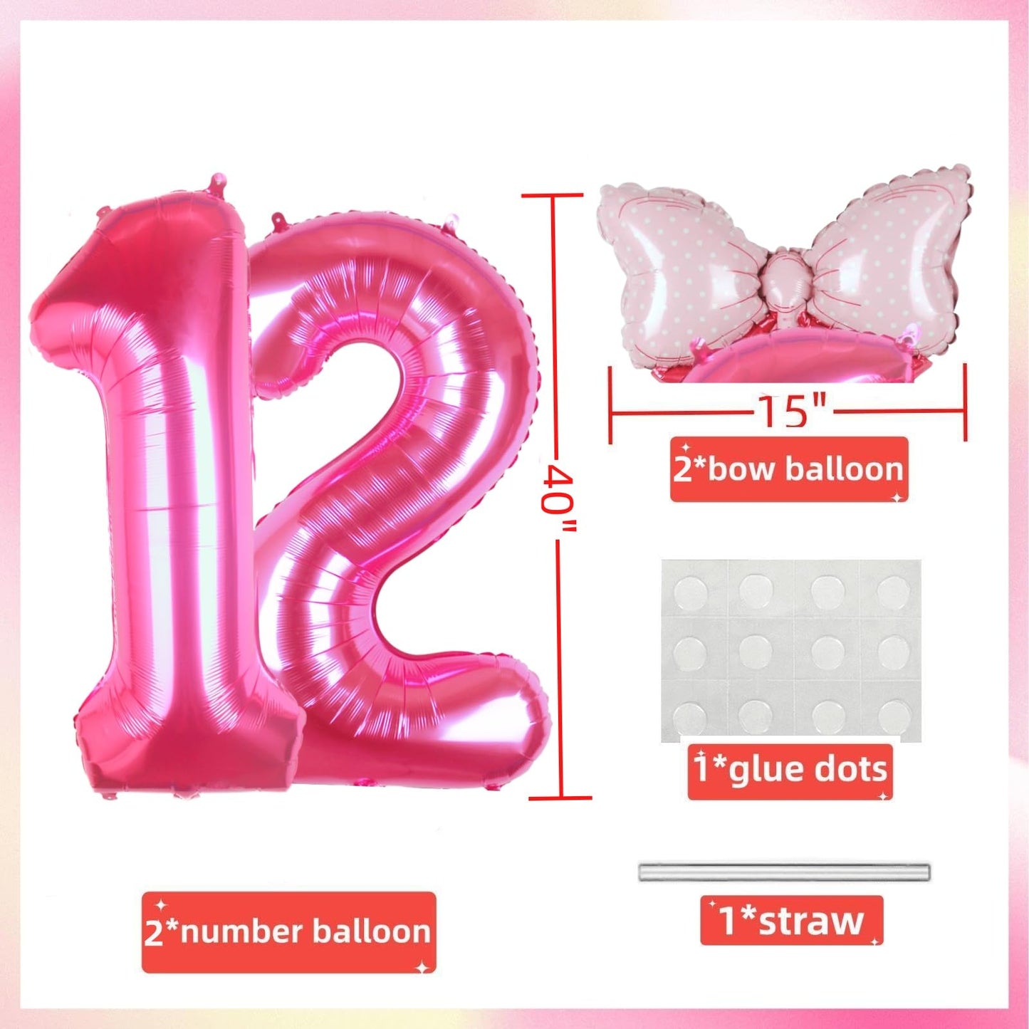 Kwuz 40 Inch Pink Number 12 Balloon with Mini Bow Balloons for Girls 12th Birthday Party Decoration, Pink Princess Western Cowgi