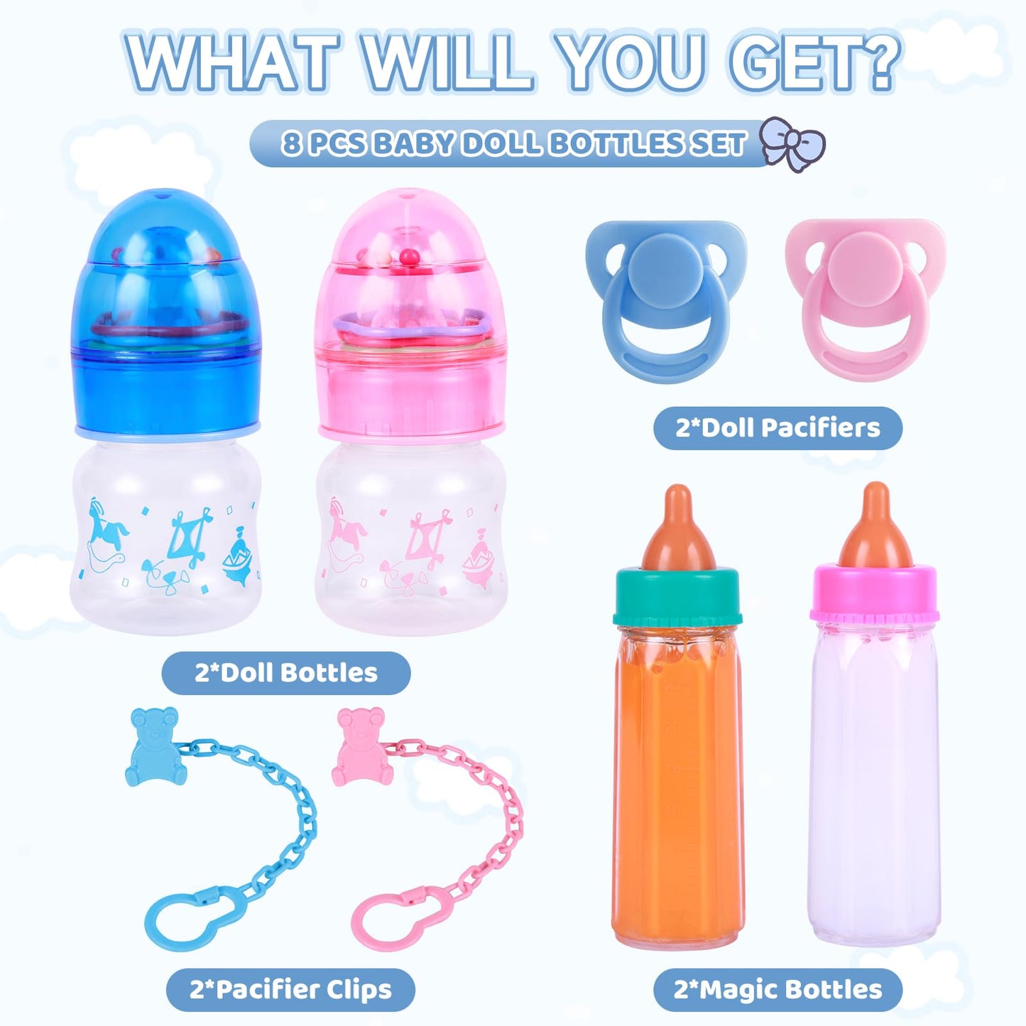 Babeside Baby Doll Bottles With Disappearing Milk And Juice Magic Bottles, Magnetic Pacifiers And Pacifier Clips Chain For Reborn Baby Dolls Girls & Boys, 8 Pcs Baby Doll Accessories Set