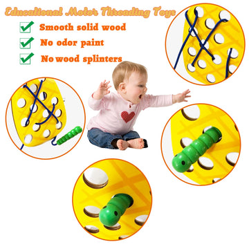 4 Pack Wooden Lacing Toy,Educational Threading Activity Puzzles,Learning Fine Motor Skill Travel Toy,Wooden Fruit Threading Set For Toddlers Kids 3 4 5 Year 1 Apple,1 Watermelon,1 Pineapple,1 Pear