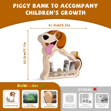 Beagle Wooden Piggy Bank For Boys, Girls, Unbreakable Wooden Money Box For Kids With Letter Stickers, Cute Wooden Cash Coin Bank