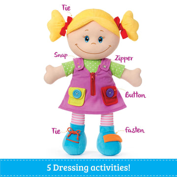 Love & Learn 17'' Educational Soft Girl Doll With Zipper, Button, Snap, Shoe Tie, & Self Fastening Skills, Montessori Learning D