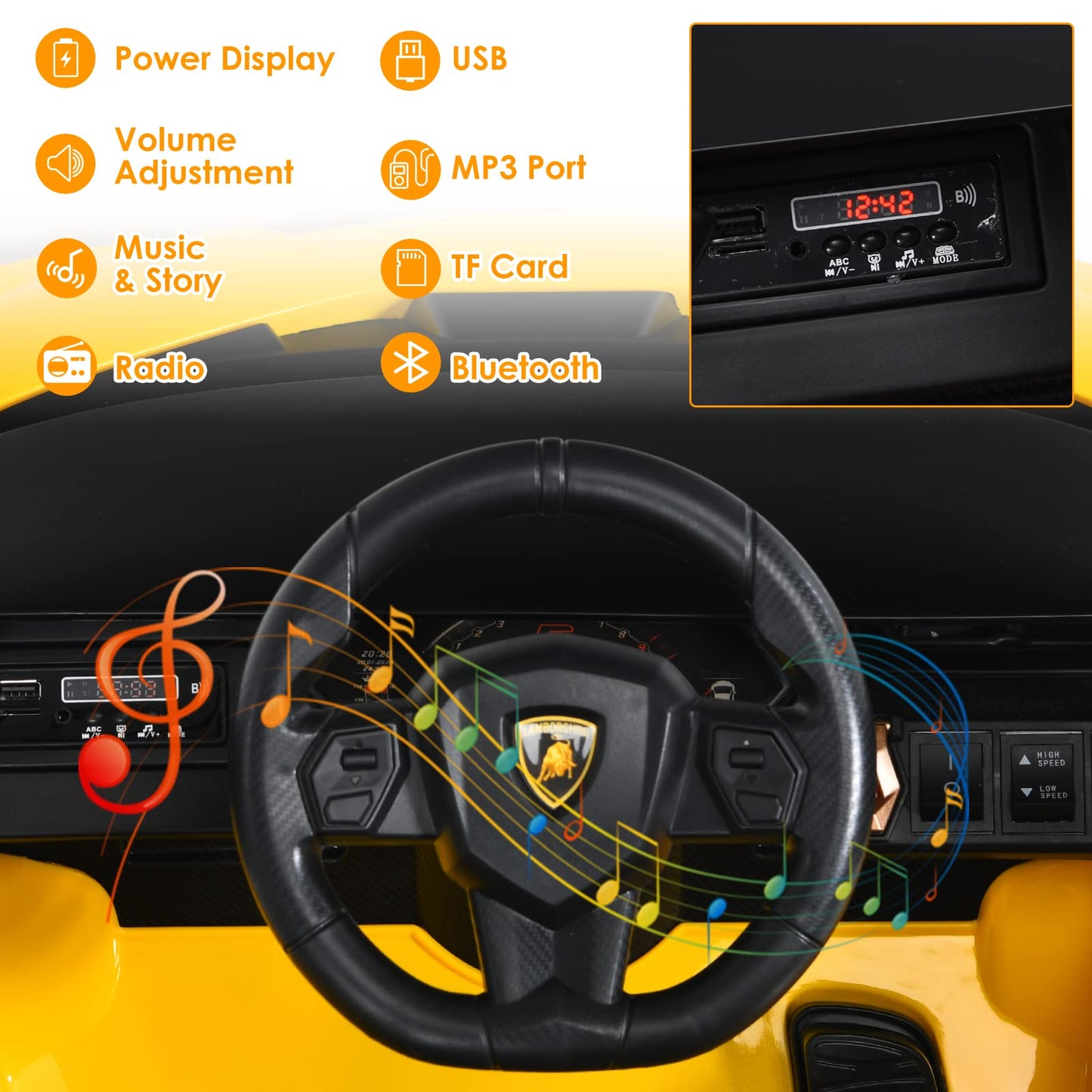 Olakids Kids 12V Licensed Lamborghini Sian Ride On Car, Electric Vehicle For Toddler With Control Remote, Battery Powered Toy With Music, 2 Speeds, Suspension, Led Lights, Bluetooth (Yellow)