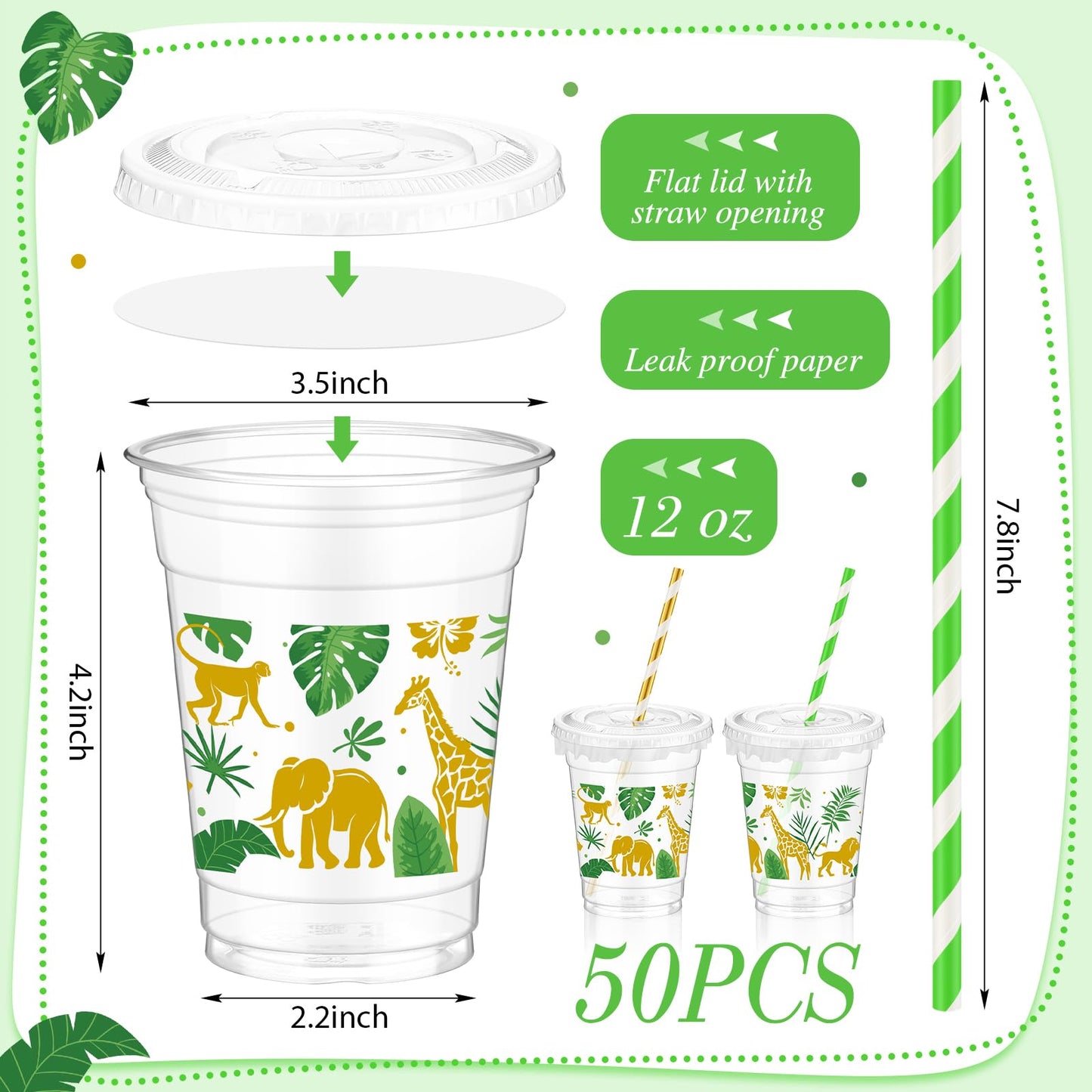 Foldtier 50 Pcs Jungle Safari Animals Cups Disposable Plastic Cup 12 Oz Golden Green Cups Thick Wild Theme Clear Cups Lids Straw