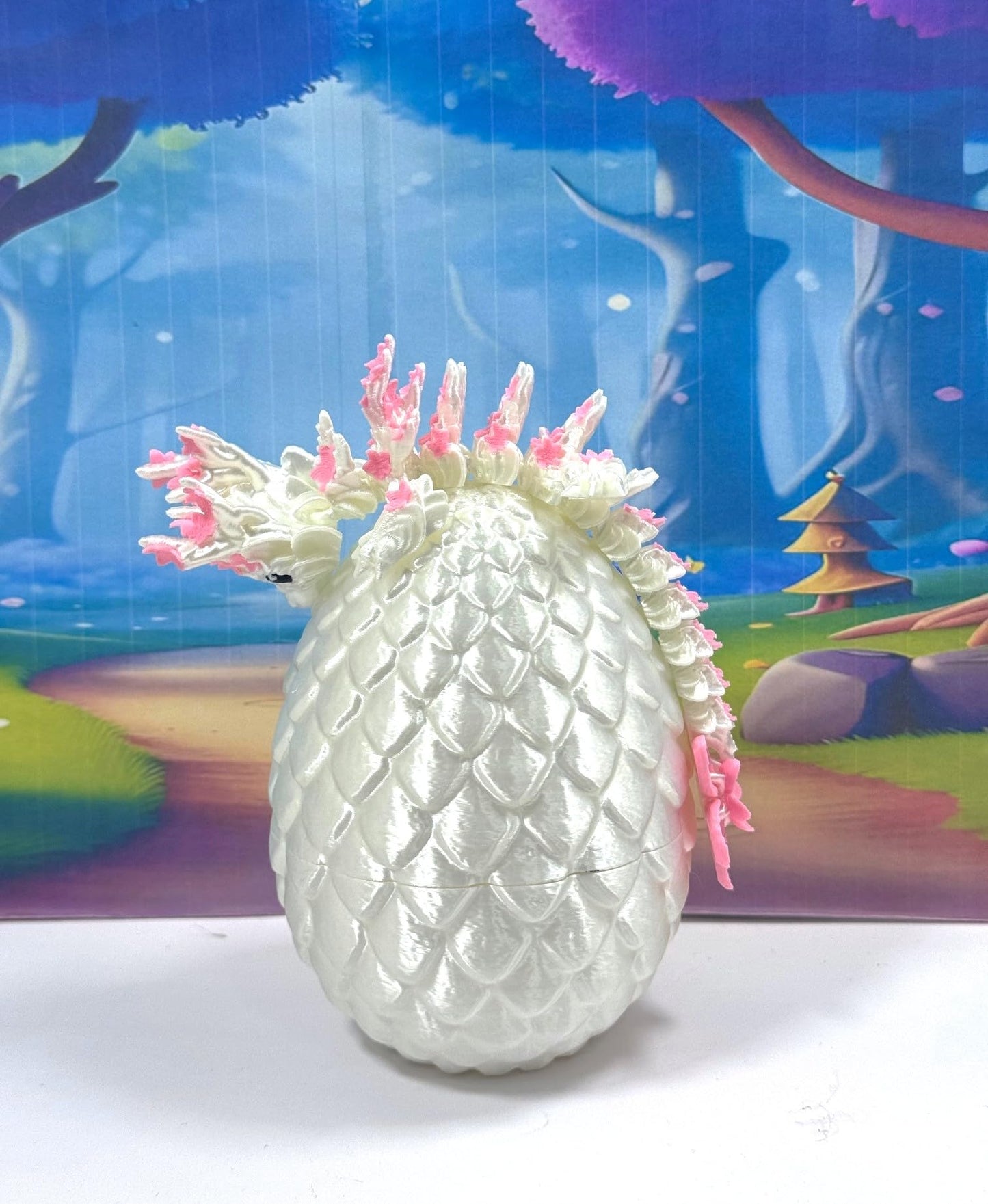 3D Printed Dragon With Egg, Articulated 6'' Pink And White Cherry Blossom Baby Dragon, Fidget Adhd Autism Toy Bd004-Wht