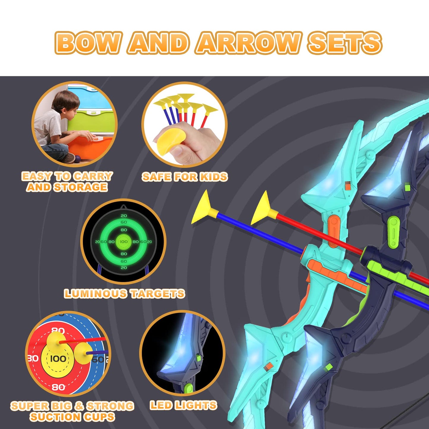 Kmuxilal 2 Pack Kids Bow And Arrow Set With Led Flash Lights, 14 Suction Cup Arrows And Fluorescence Standing Target-Perfect Indoor And Outdoor Archery Set Toy Gift For Boys And Girls Ages 4-12