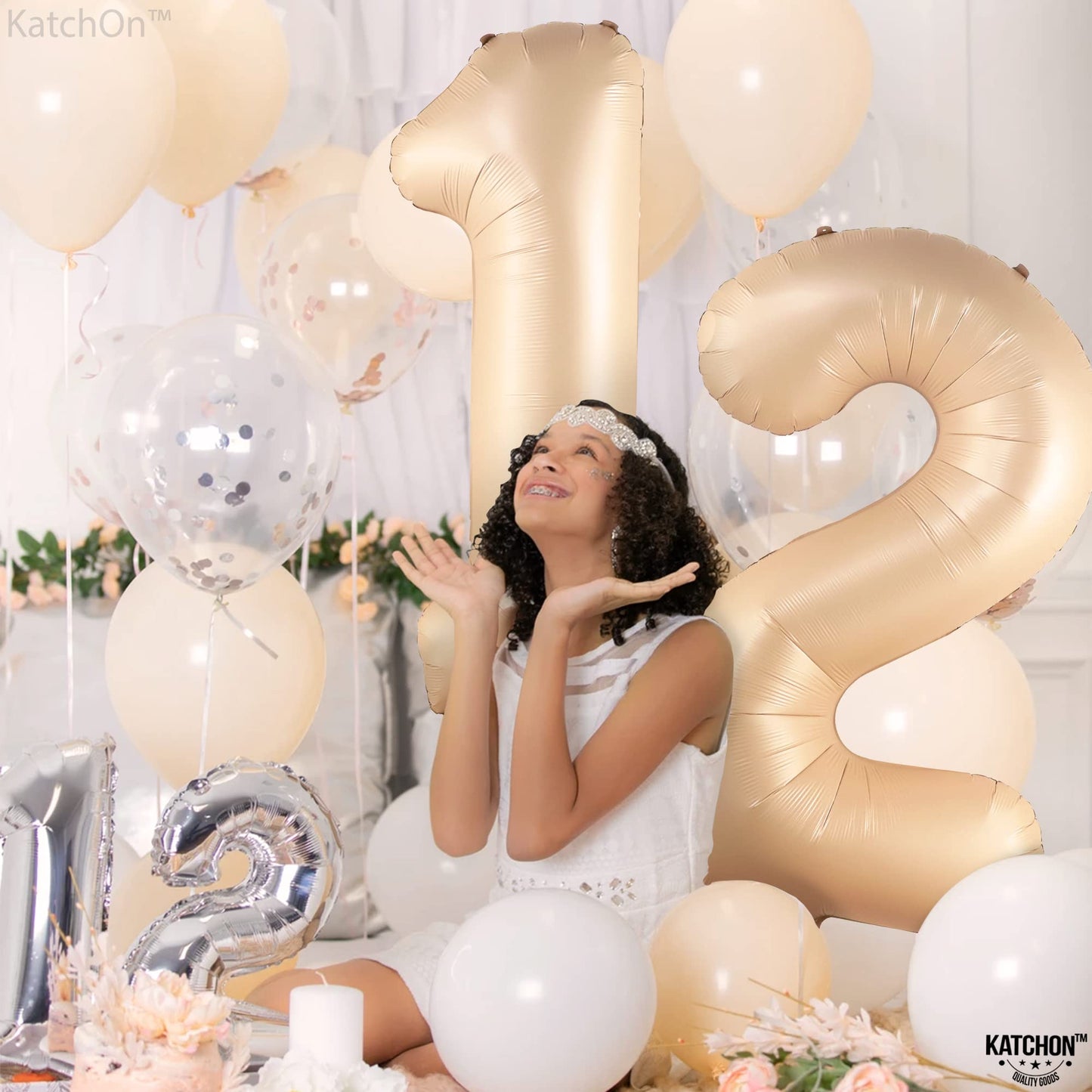 Katchon, Huge Caramel 12 Balloon Number - 40 Inch | Retro Apricot Number 12 Balloons For Birthdays | Happy 12Th Birthday Decorations | Nude 12 Year Old Balloon For Sweet 12 Birthday Balloon Decoration