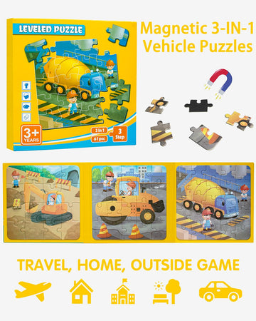 Magnetic Puzzles For Toddlers 3-5, 3 In 1 Travel Puzzles For Kids Ages 4-6, Excavator Truck Jigsaw Puzzle Book Road Trip Activit