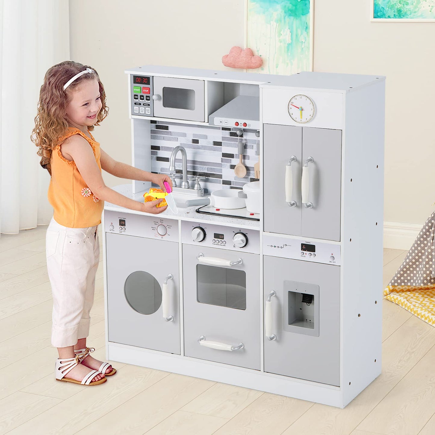 INFANS Kid Kitchen Playset, Pretend Wooden Toddler Kitchen Toy Set with Realistic Light & Sound, Pots & Pan, Microwave, Sink, Ch