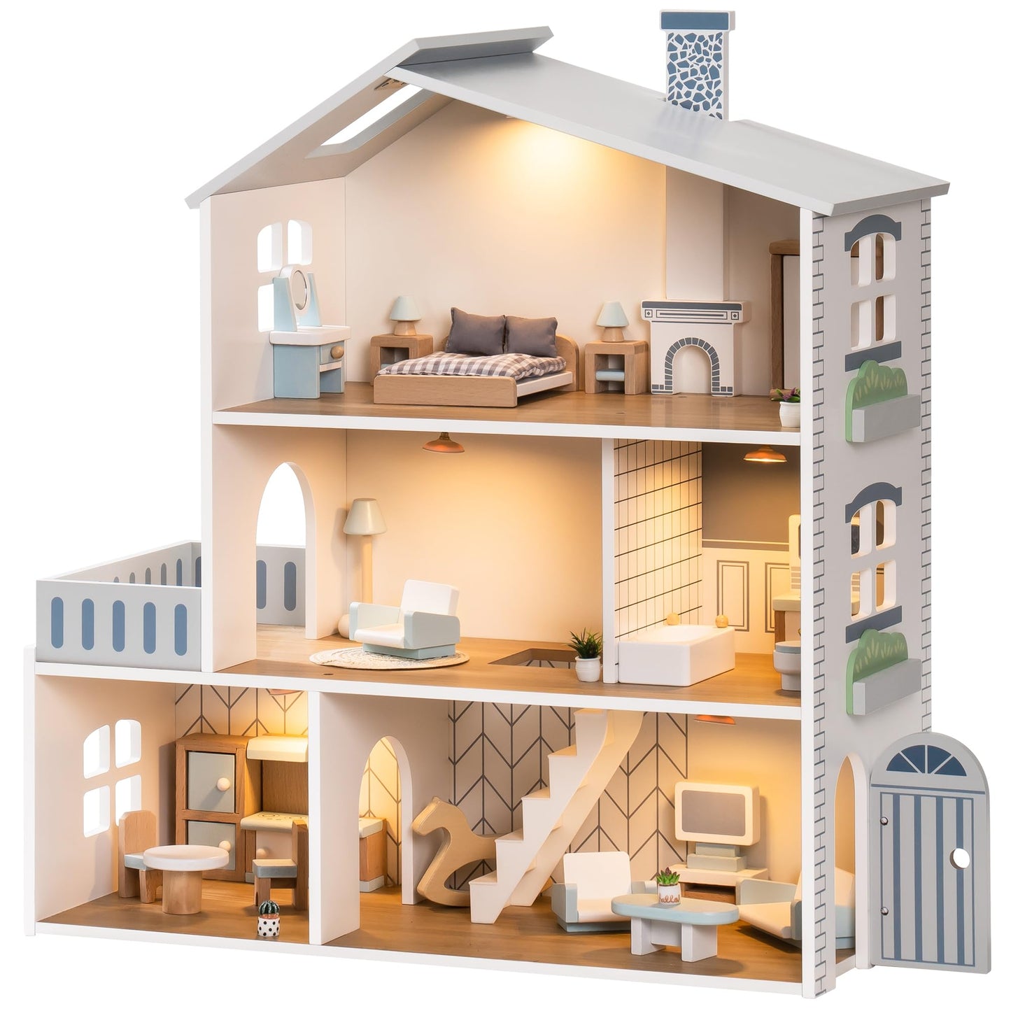 Robud Doll House, Wooden Dollhouse With 6 Rooms, 29-Pcs Realistic Accessories, Dollhouse Playset For 4-6 Inch Dolls, Gifts For Kids & Toddlers, Nordic Style, Ages 3+