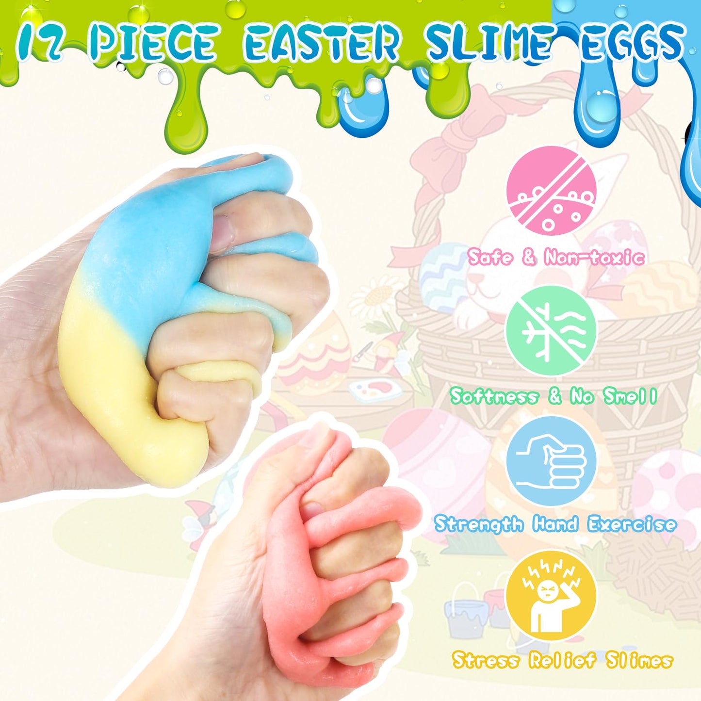 12Pack Prefilled Easter Eggs with Butter Slime Bulk for Kids, Easter Basket Stuffers, Fidget Relief Non-Sticky Eggs for Kids Hun