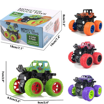 4 Pack Monster Truck Toys - Friction Powered Push and Go Toy Cars, Inertia Car Toy Set Stunt Toy Vehicles, Birthday Party Suppli