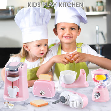 PLAY Kids Toy Kitchen Set – Pink Pretend Play Accessories for Ages 4-8, Includes Blender, Coffee Maker, Mixer & Toaster