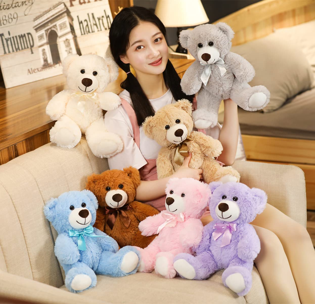 SHAFISH Plush Teddy Bear Cute Stuffed Animal Bear with Bow Plush Toys 13.8 Inches (Pink)