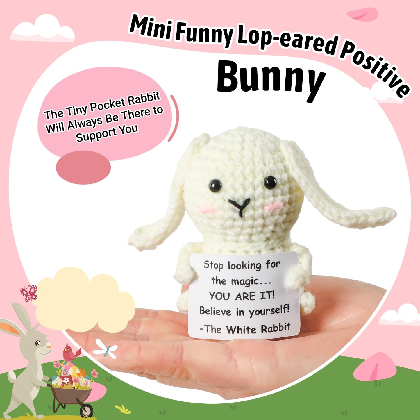 Juleasel Mini Funny Positive Bunny Emotional Crochet Animals Rabbit Knitted Doll With Positive Card For Friend Coworkers Encoura