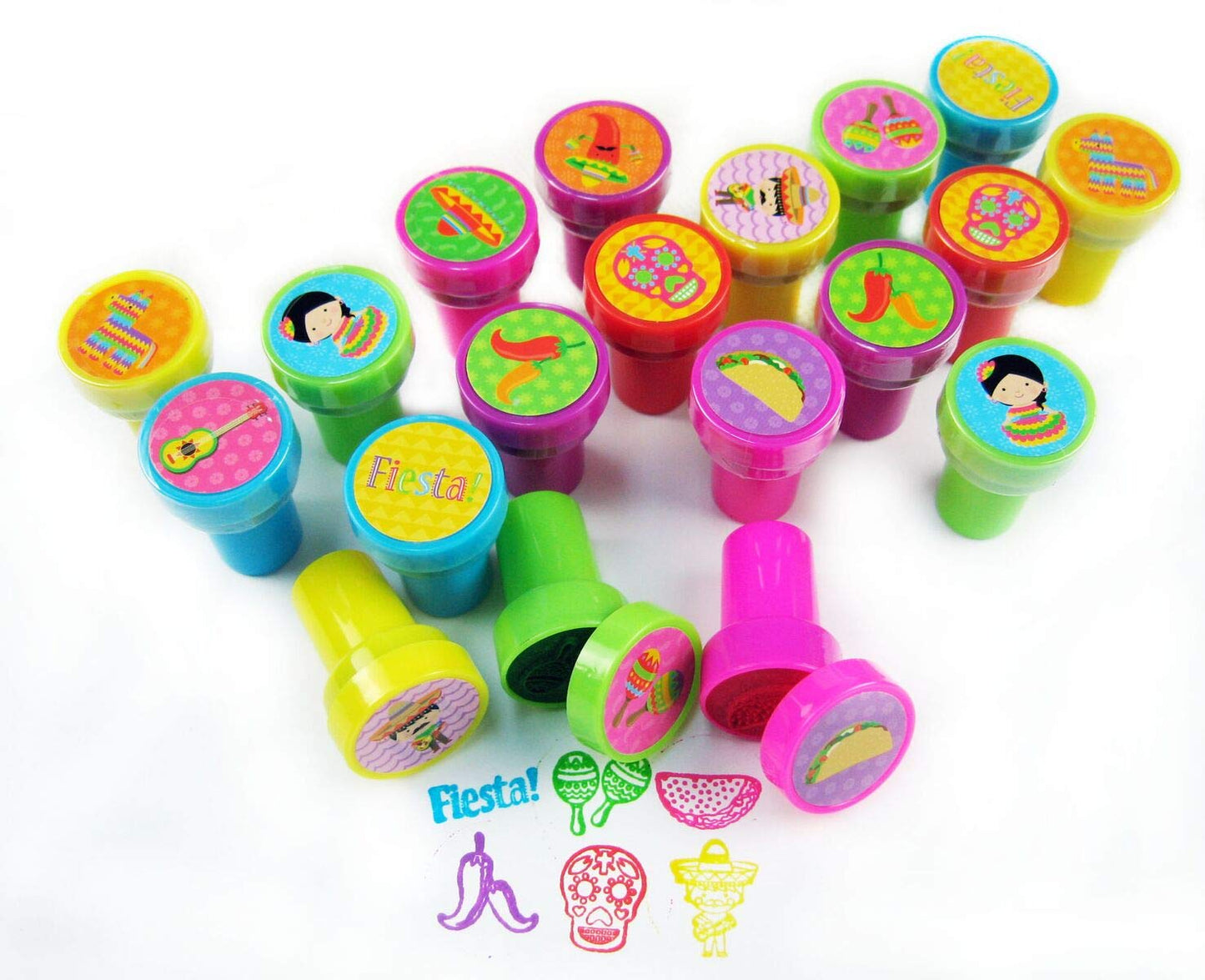Tiny Mills 24 Pcs Fiesta Stampers for Kids, Birthday Party Favors, Pinata Fillers, Goody Bag Filler Treats, Classroom Rewards, C