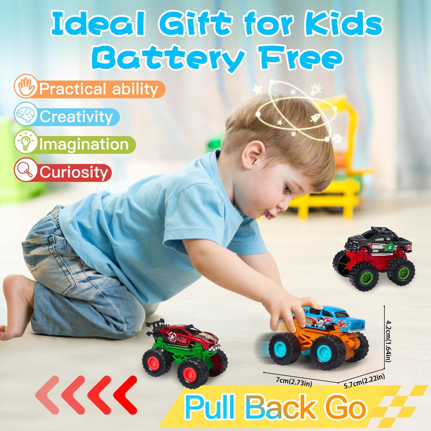 Oriate Monster Truck Toys Cars for Kids Boys Girls, Cool Stuff Diecast Toy Pull Back Monster Trucks Toys, Battery Free Stunt Tru