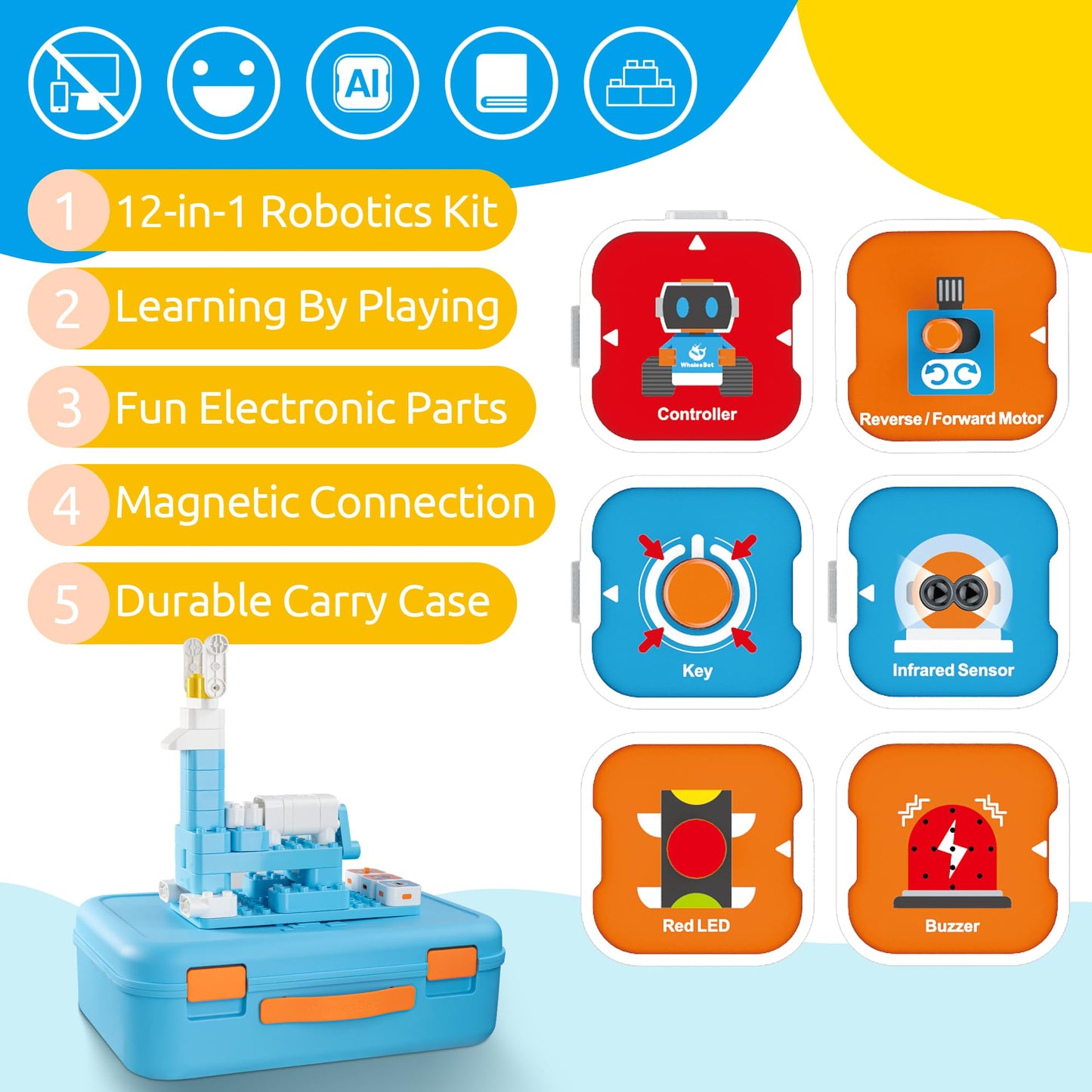 Whalesbot A3 Coding Robot For Kids, Multiple Sensors Coding Block Stem Building Set, 12 In 1 Story Based Tutorial, Stem Toys For