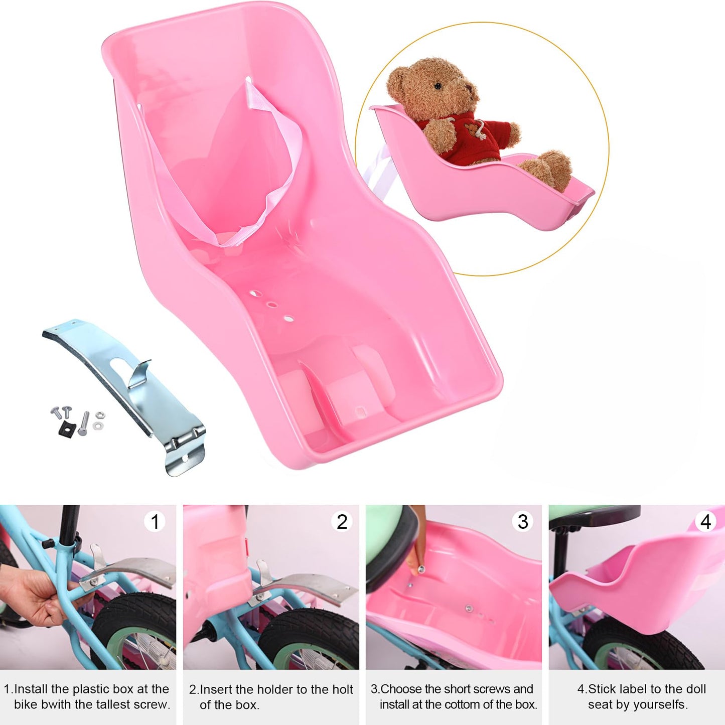 Aurelema Doll Bike Seat With 30 Pcs Stickers Decals Bike Basket For Kids Bike Handlebar Streamers Colorful Ribbons Tassel Daisy