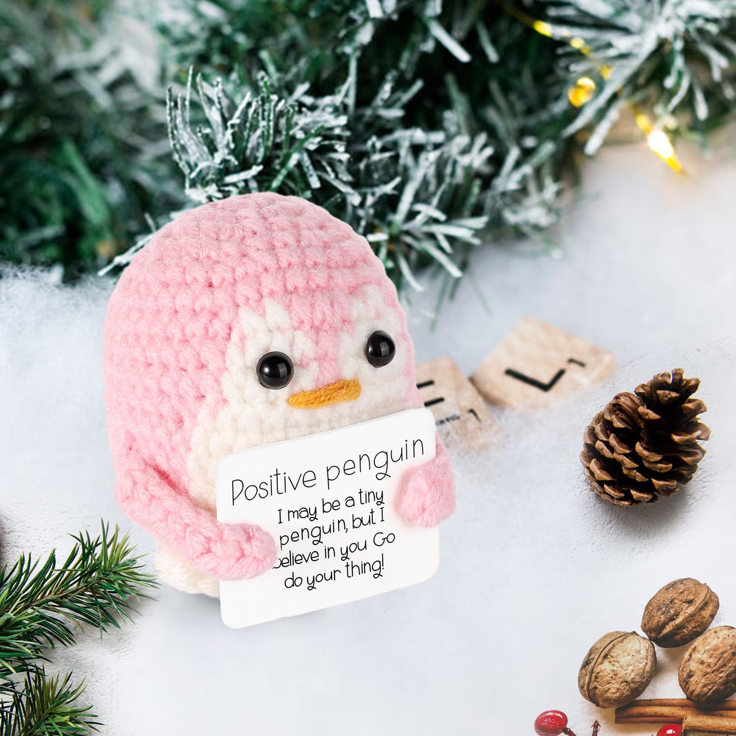 Boxob Positive Penguin Doll, 2.6 Inch Funny Potato Knitted Penguin Toy With Positive Card Woolen Cute Positive Penguin Crochet Plushies Cheer Up Gift For Friends Encouragement Decoration