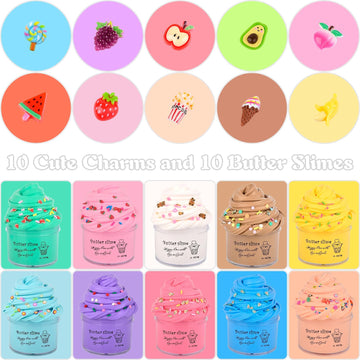 Premium Scented Butter Slime,10 Pack Slime,With Peach Charm,Watermelons,Apples And More Charms,10 Fun Slime Add Ins,Pre-Made Sli