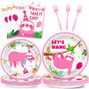 96 Pcs Sloth Animal Party Supplies Sloth Birthday Party Tableware Set For Kids Sloth Themed Paper Plate Sloth Hanging Decoration