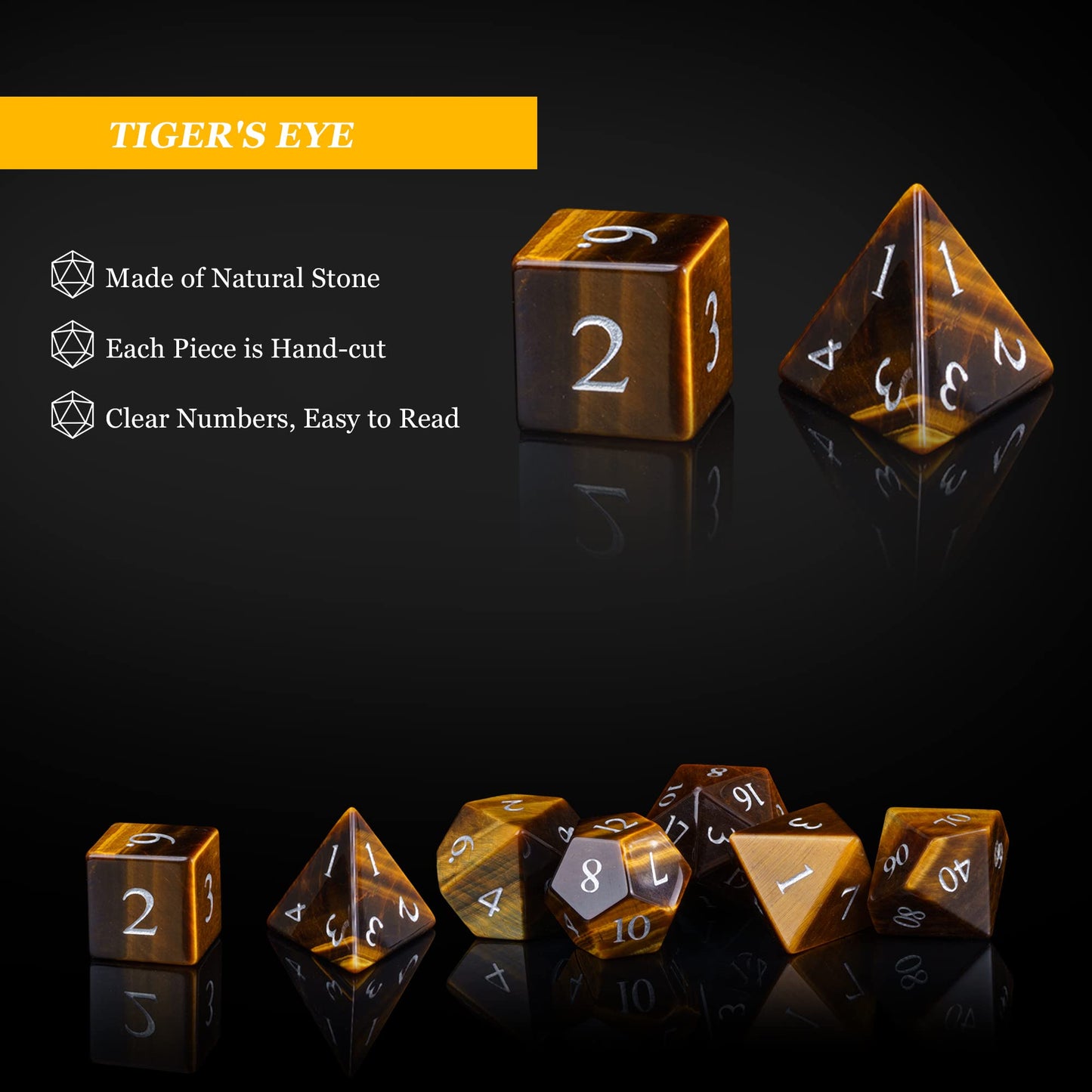 UDIXI Stone DND Dice Set, 7PCS Tiger's Eye Gemstone D&D Dice for Dungeons and Dragons, Role Playing Dice for RPG MTG Table Games