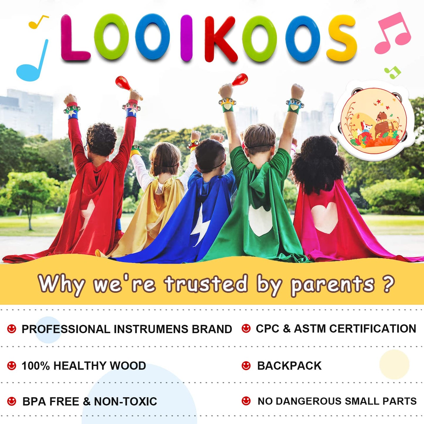 Looikoos Baby Musical Instruments For Toddlers,Wooden Percussion Instruments Tambourine Xylophone Toys For Kids Preschool Education Early Learning Musical Toy For Boys And Girls