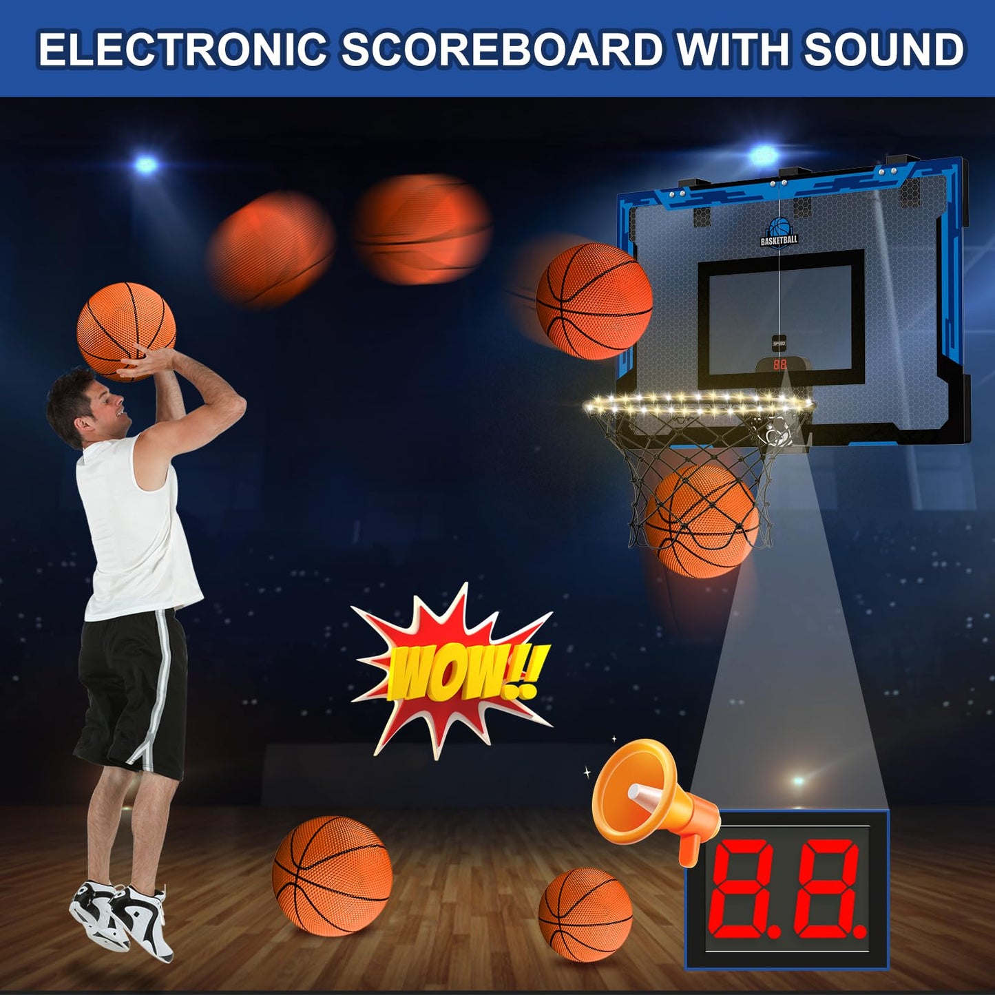 Hyes 24'' X 16'' Large Basketball Hoop Indoor For Adults, Over The Door Basketball Hoop With Electronic Scoreboard/Led Rim, Big