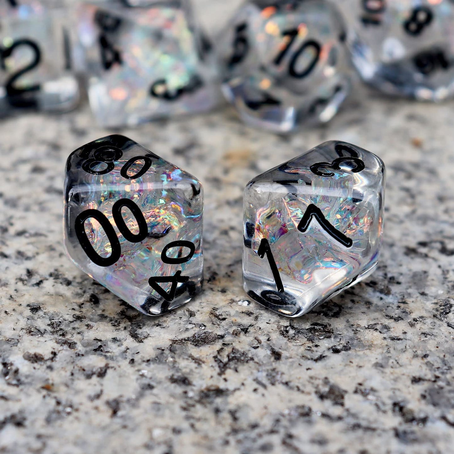 Haxtec Clear DND Dice Set 7PCS Filled Resin Polyhedral D&D Dice W/Iridescent Rainbow Mylar Inclusion for Roleplaying Games Dunge