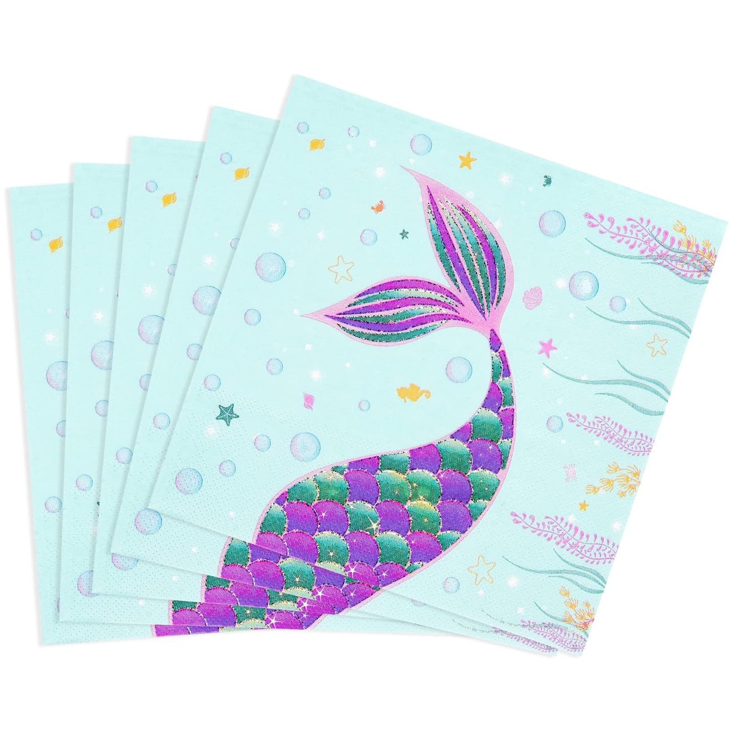 Wernnsai 50Pcs Mermaid Party Napkins - Mermaid Birthday Party Decorations Kids Princess Birthday Paper Napkins Disposable 3-Ply Tails Dinner Napkins For Girls Birthday Under The Sea Pool Party