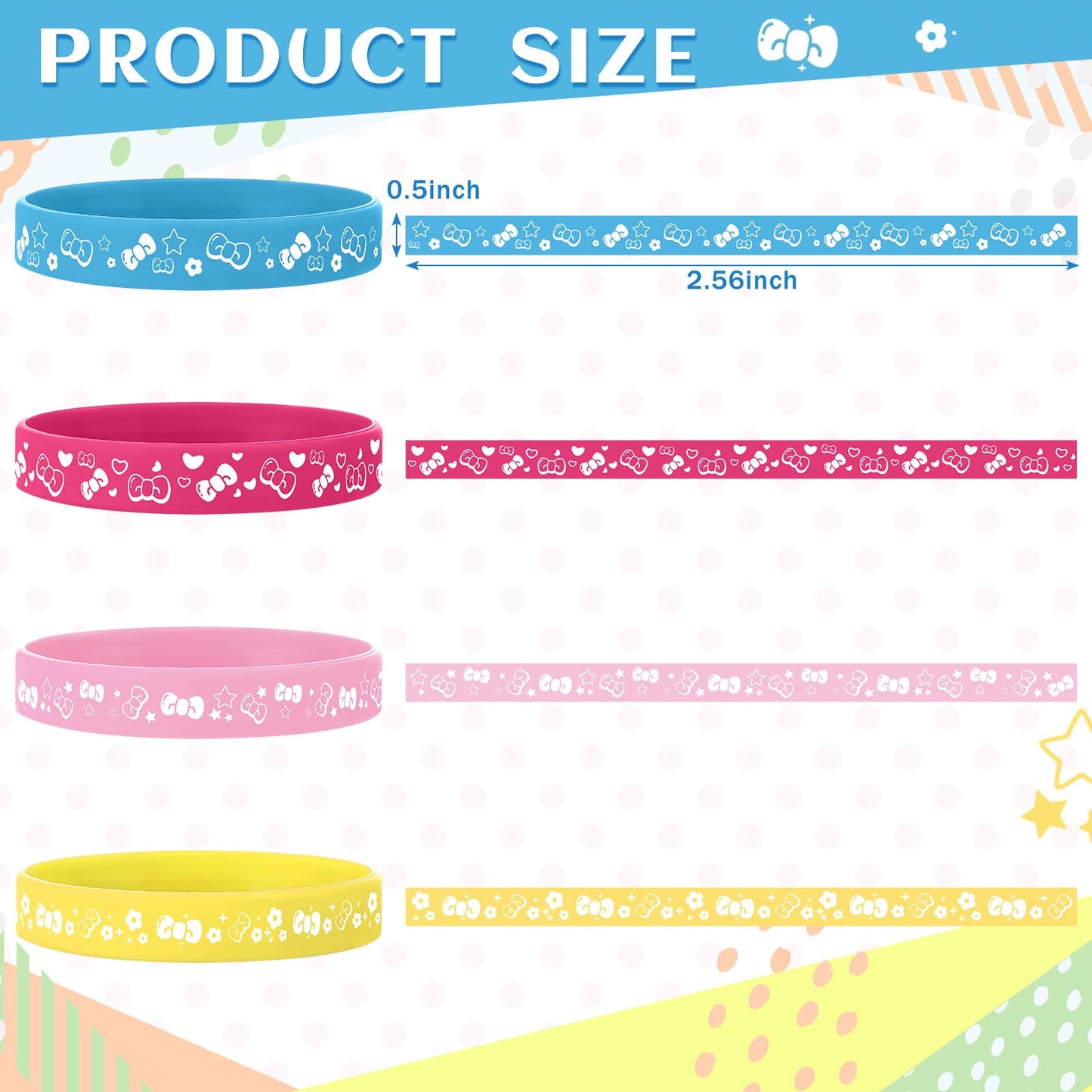 Landical 24 Pcs Cute Cartoon Pink Cat Party Favor Bow Tie Flower Patterns Silicone Bracelets Birthday Decorations For Cute Carto