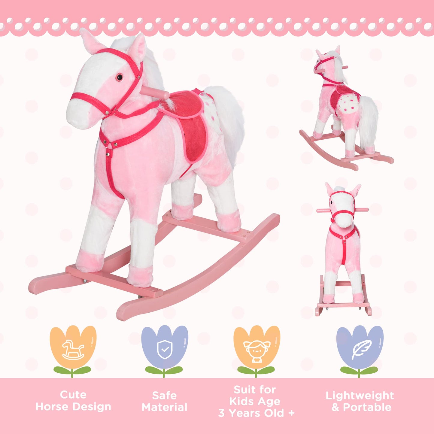 Qaba Kids Rocking Horse Plush Ride On Toy Toddler Rocker For Boys Girls Gifts With Realistic Sounds, Pink