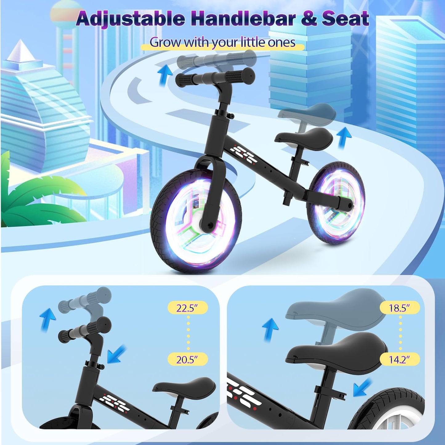 Wetify Colorful Lighting Balance Bike 2 Year Old, 2-5 Year Old Toddler Balance Bike, Adjustable Handlebar & Seat, 2-5 Year Old B