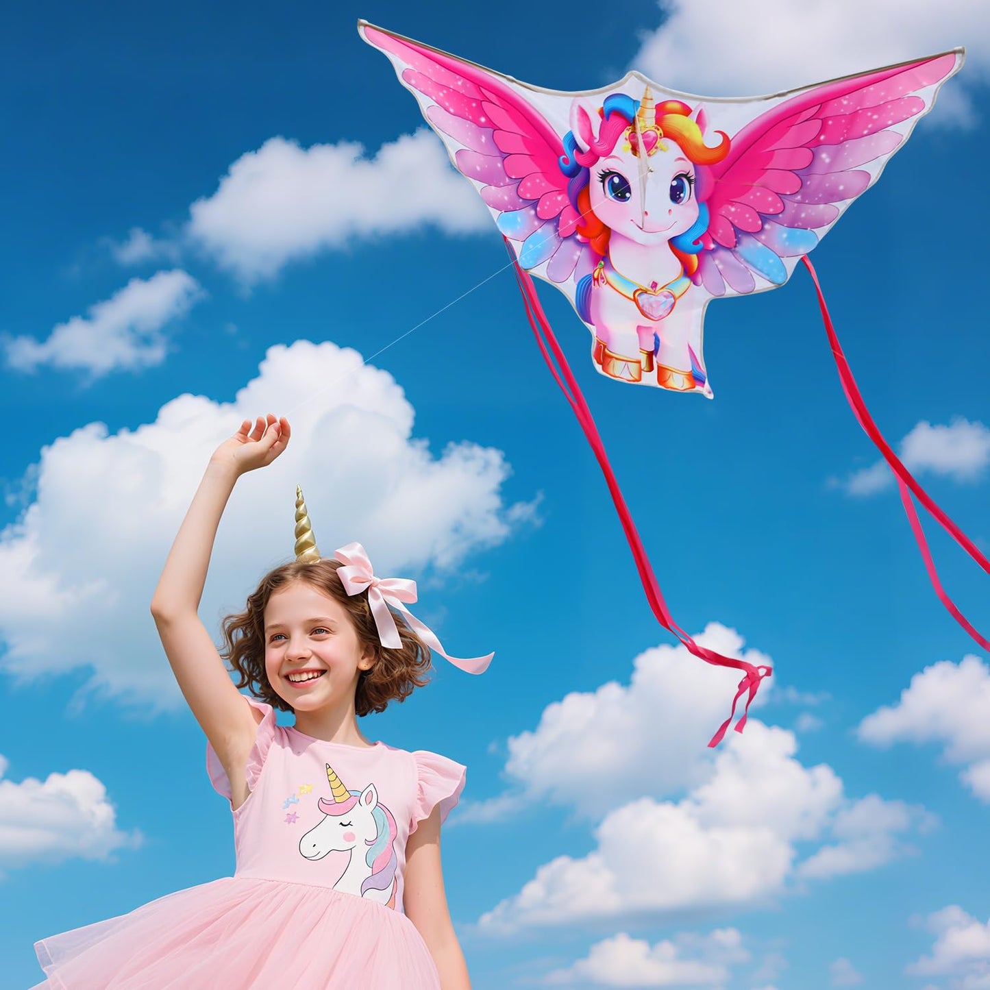 YFAFENG 59 Giant Unicorn Kite for mature-themed Easy Fly Rainbow Beach Kite with Long Tail Durable Activities Toys for Girls Boys Ages 12+ Birthday Gift for All Ages