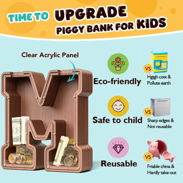 Summidate Wooden Letter Piggy Bank Extra Thick Large Capacity Piggy Bank for Kids Boys Girls Toddler Alphabet M Money Bank| Coin Box Birthday Christmas Festival