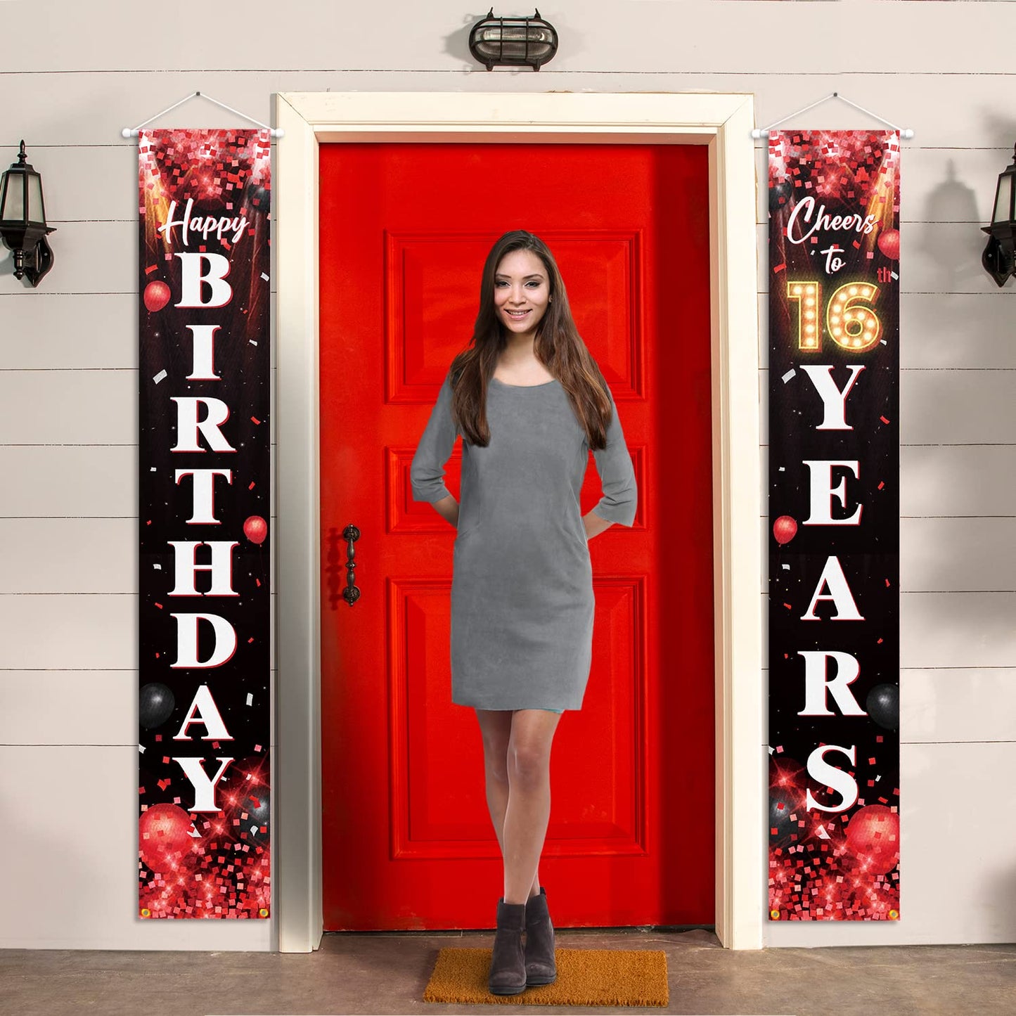 Happy 16Th Birthday Porch Sign Door Banner Decor Red And Black - Glitter Cheers To 16 Years Old Birthday Party Theme Decorations
