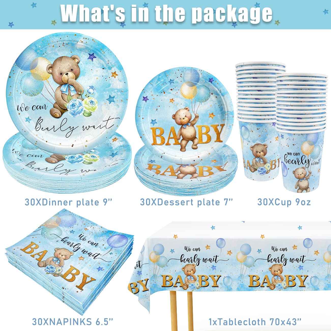 Bear Baby Shower Decorations,We Can Bearly Wait Baby Shower With Plates And Napkins Cup, Tablecloth For First Birthday Centerpie