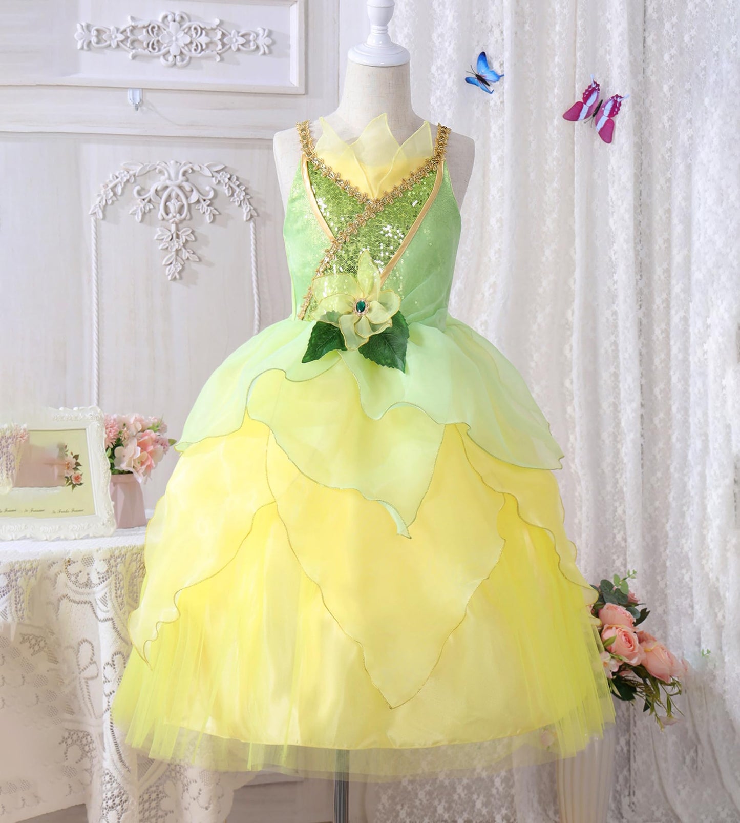 Axaxa Princess Tiana Costume For Girls - Princess And The Frog Dress With Accessories