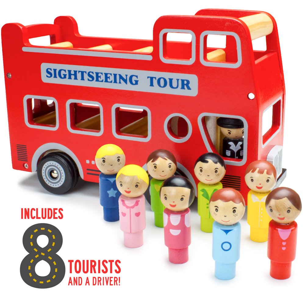 Imagination Generation Wooden Double Decker Bus - Natural Beechwood Cars for Kids 12+ Months, Red