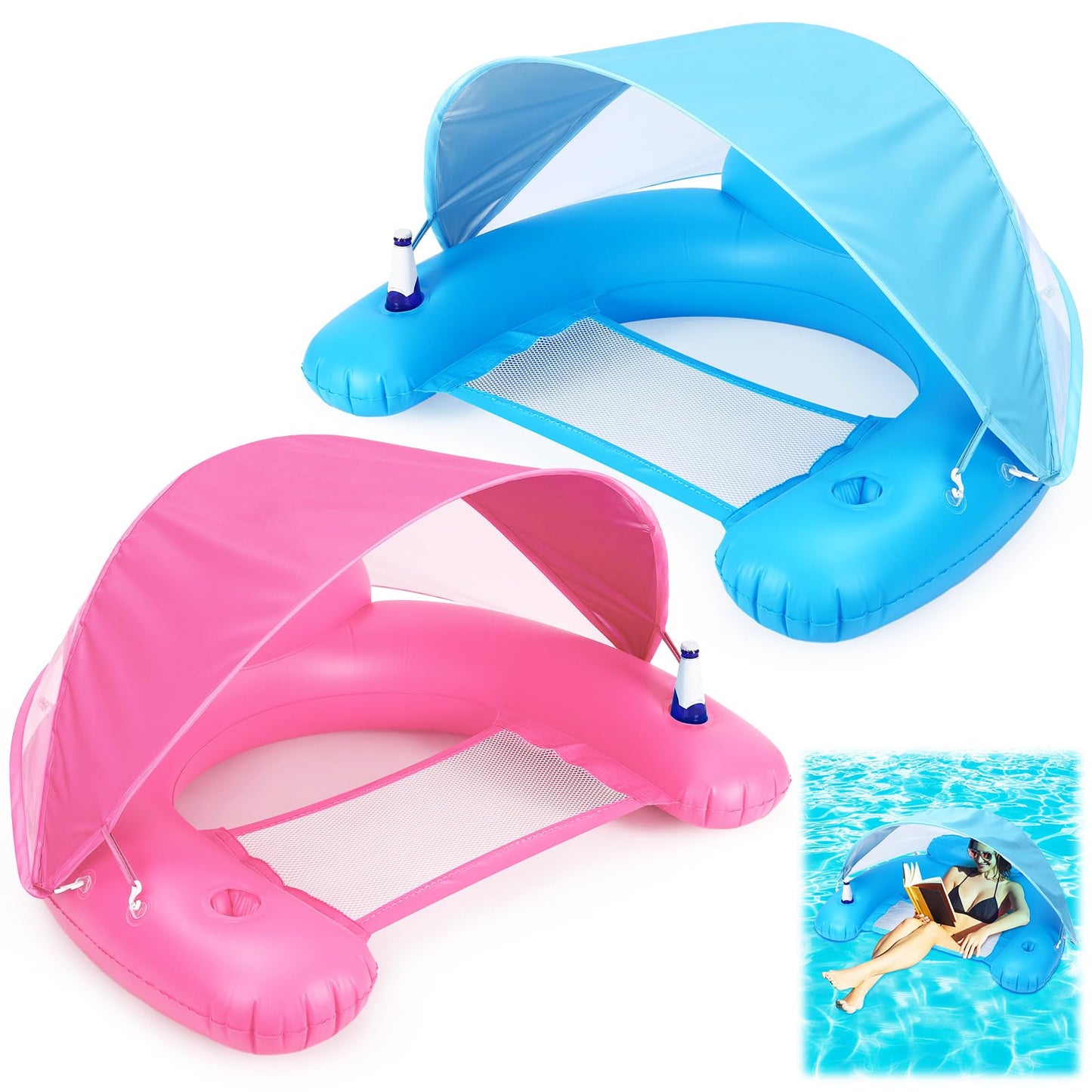 Glikceil 2 Pcs Large Pool Floats With Canopy For Adult, Xl Inflatable Floating Chair For Pool Swimming Pool Floats Adults With A
