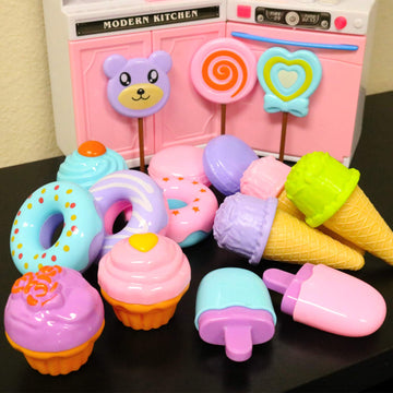 GIFTEXPRESS 17 PCS Pretend Play Food Dessert Set, Sweet Treats Assortment, Toy Donuts, Cupcakes, Ice Cream, Candy Bars, Assorted