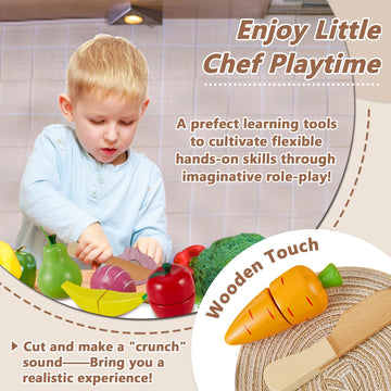 HERSITY Wooden Play Food Set Cutting Fruits and Veggies Toys for Toddlers 1-3, Pretend Play Kitchen Accessories Montessori Educa