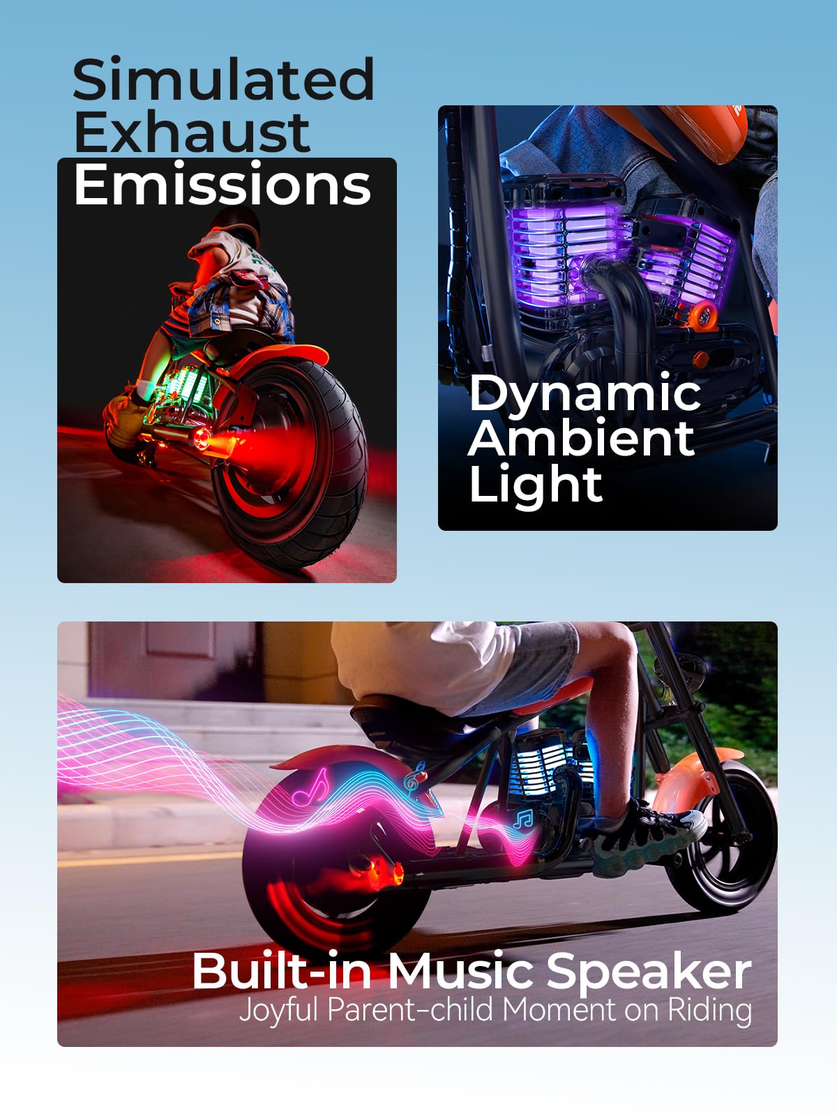 Hyper Gogo Kids Electric Motorcycle – Retro-Style Bike With Ambient Lighting, Built-In Music, Speeds Up To 10 Mph & 60 Minutes Of Continuous Ride Time, For Ages 3+ (Blue)