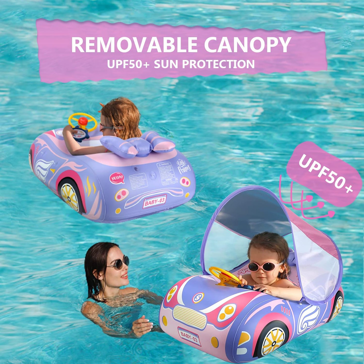 Baby Pool Float With Canopy 3D Car Thick Pvc Inflatable Baby Swim Pool Floats Seat Boat With Sun Shade Cover And Steering Wheel