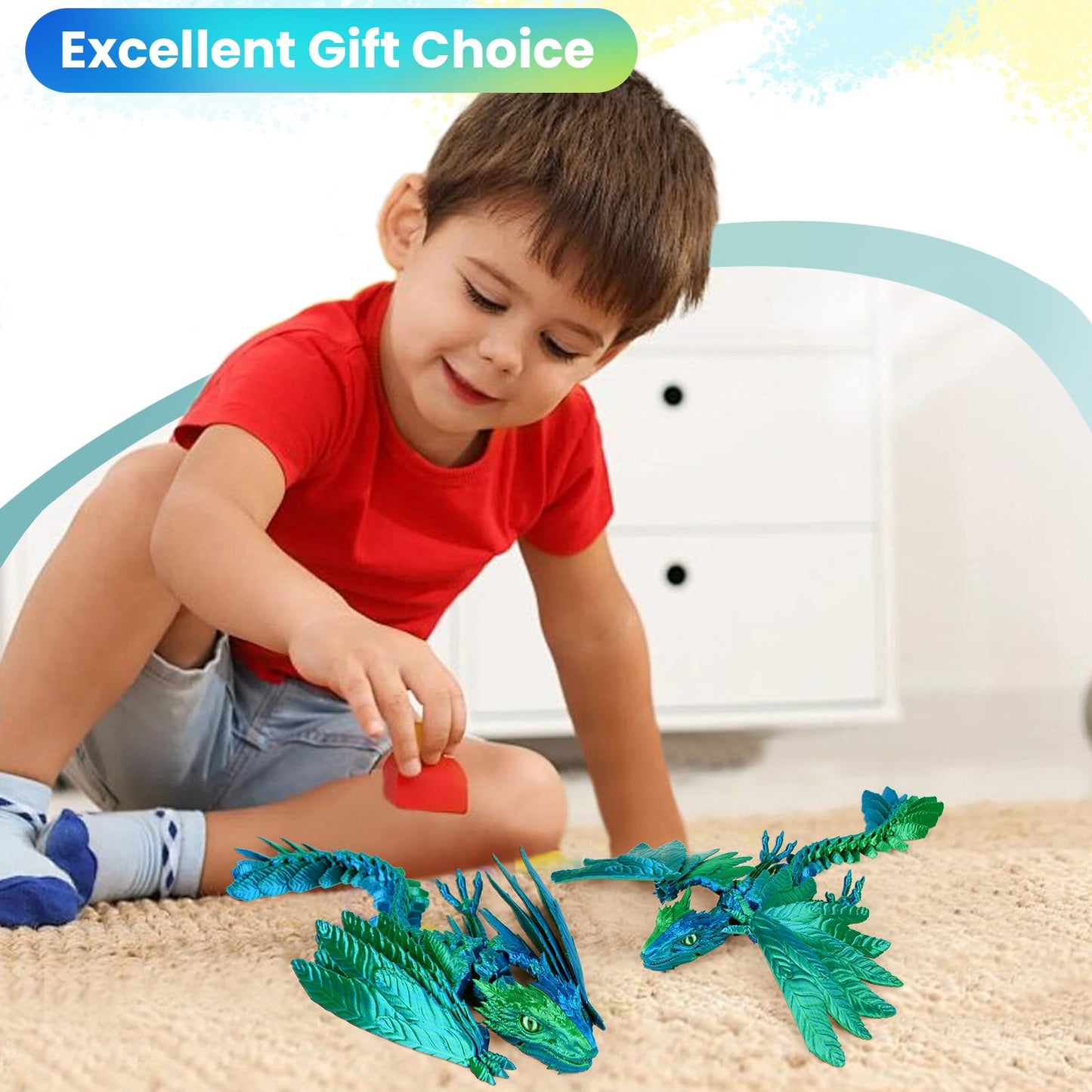 Shuwnd 3D Printed Dragon With Wings, Feathered Wyvern Dragon,Full Articulated Crystal Flying Dragon,Realistic Large Pet Dragon, Flexible Shoulder Dragon Stuff 3D Printed Animals Toy (Blue Green)