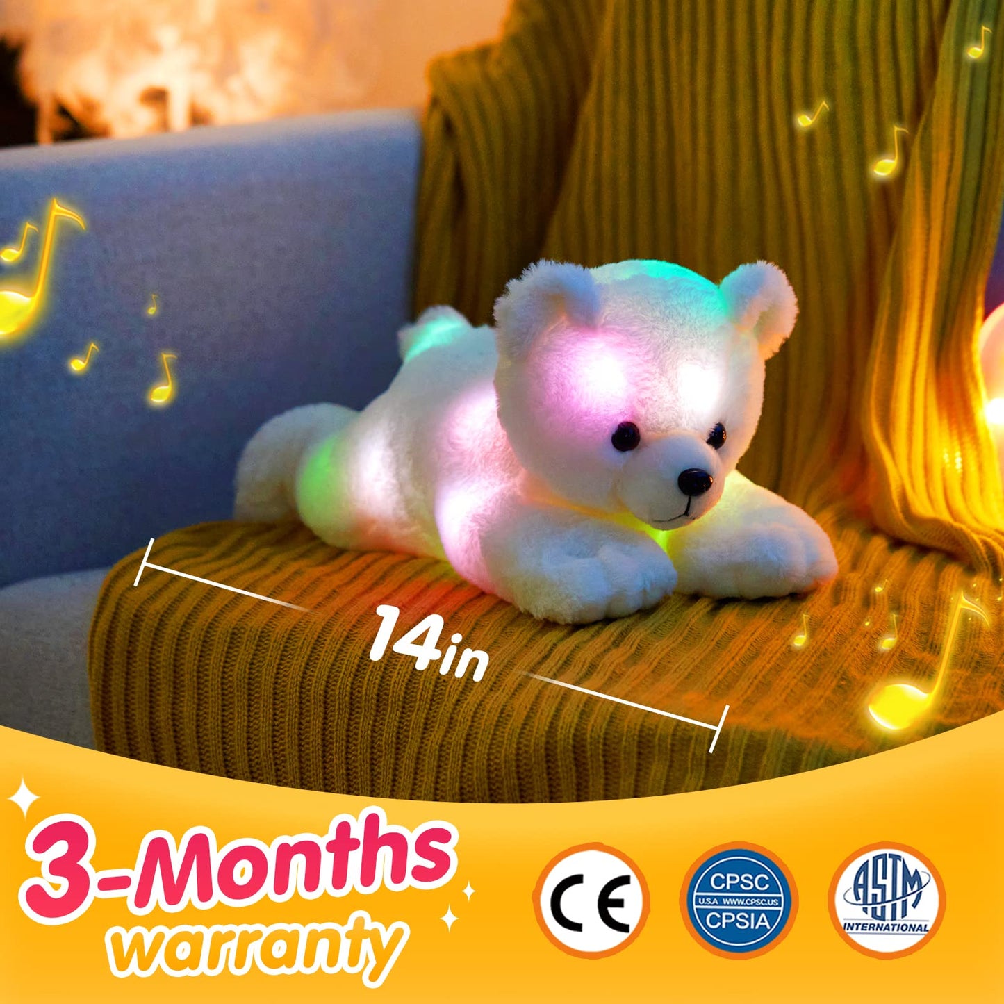 Glow Guards 14'' Musical Light Up Polar Bear Stuffed Animal Led Singing Soft Plush Toy With Rainbow Lullaby Night Lights Glow In The Dark Birthday Children'S Day For Toddler Kids