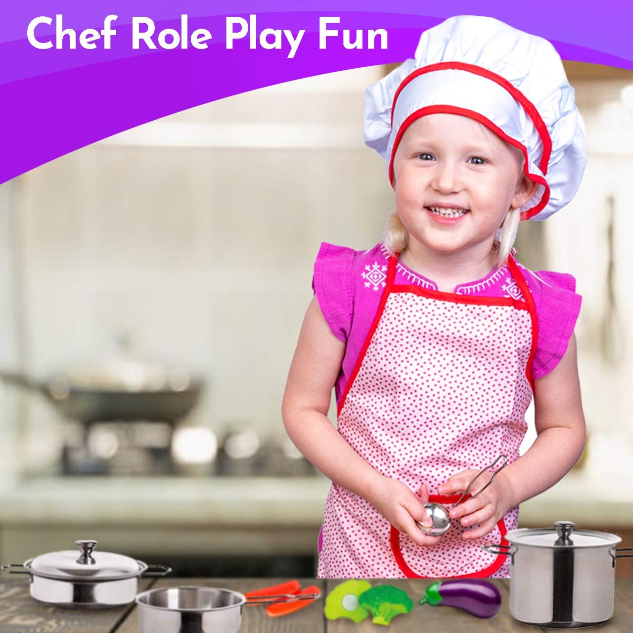 FUNERICA Kids Apron and Chef Hat Set for Girls and Boys. For Pretend Role Play, Cooking, Baking, Painting, and Gardening. Featur