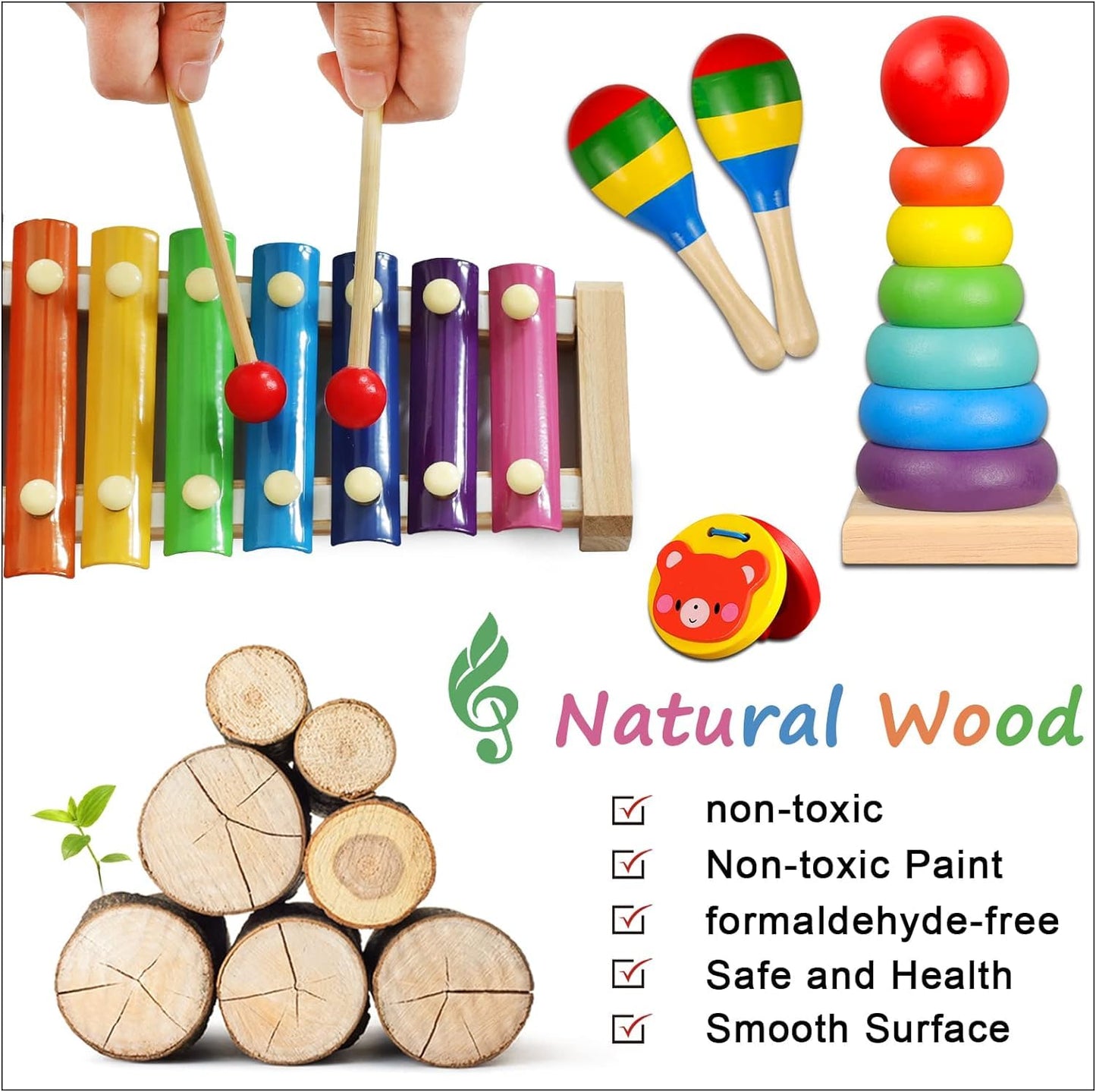 Looikoos Toddler Musical Instruments,Wooden Percussion Instruments For Baby Kids Preschool Educational Musical Toys Set Boys And Girls With Carrying Bag