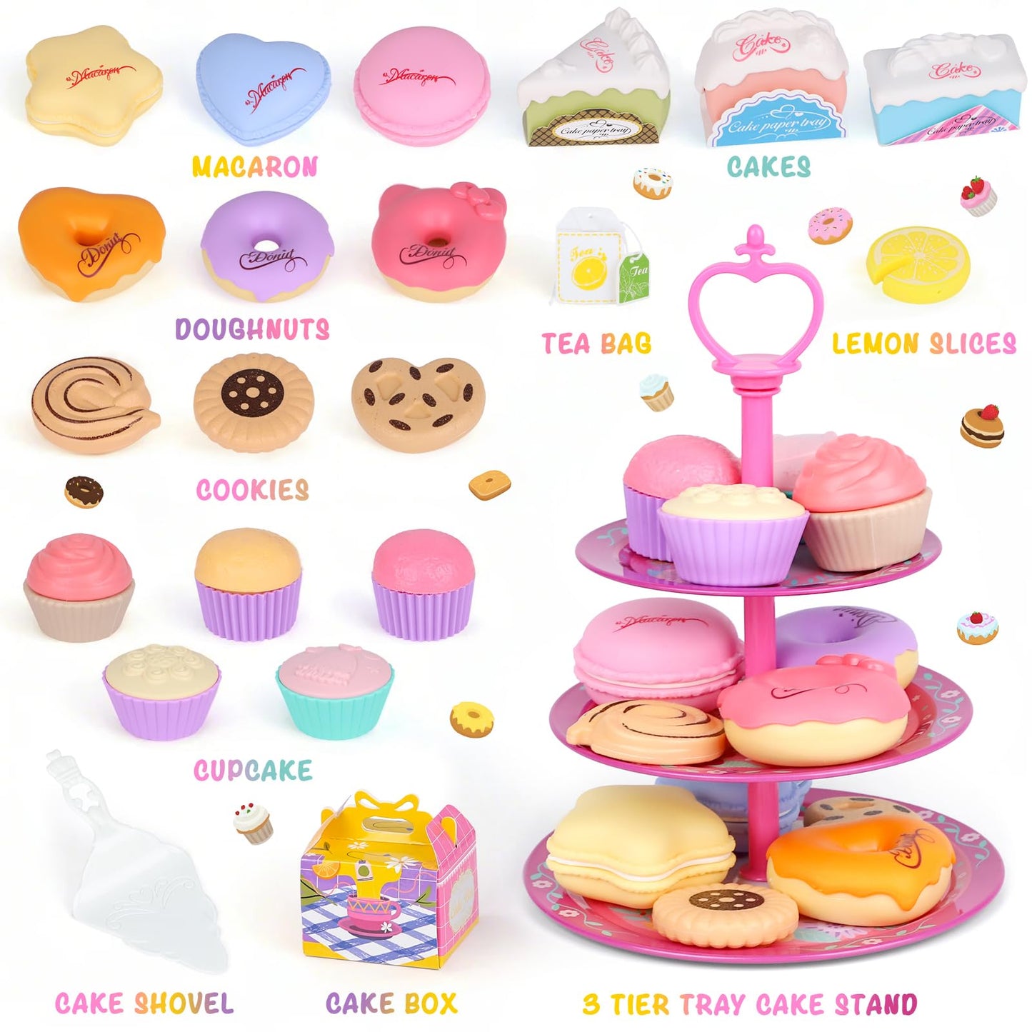 Tea Party Set for Toddles 3-5,PRE-WORLD Musical Kids Tea Set for Little Girls with Dessert,Cookies,Doughnut,Cake,Cake Stand,Tabl